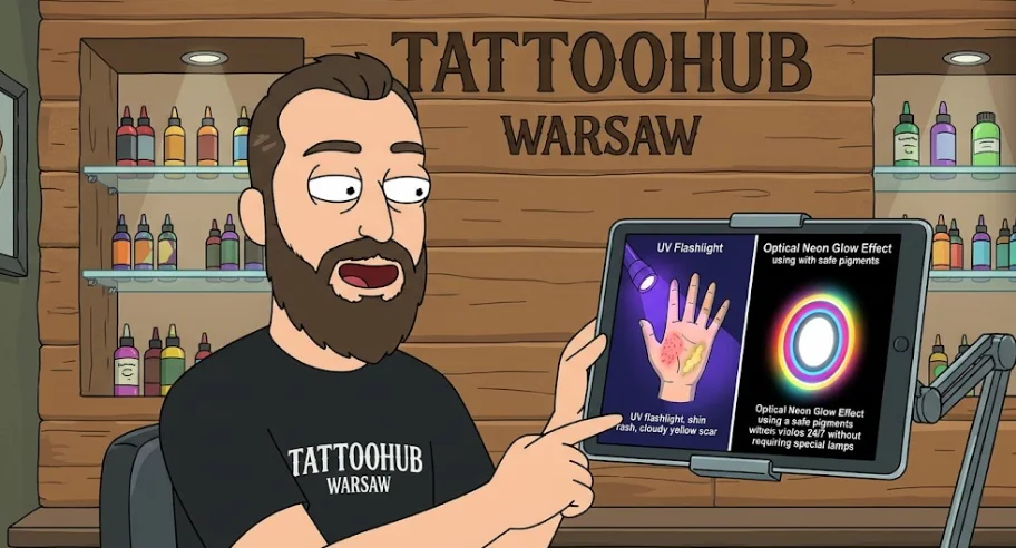 Tatuaże UV (świecące w ultrafiolecie) i estetyka bioluminescencji: cała prawda o „niewidzialnych” tuszach, zakazach EU REACH i bezpiecznym efekcie neonu na skórze
