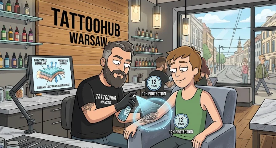 Spray ochronny na tatuaż na 12 godzin (płynny opatrunek): jak działa niewidzialna bariera polimerowa, czy zastępuje folię Second Skin i jak prawidłowo goić skórę